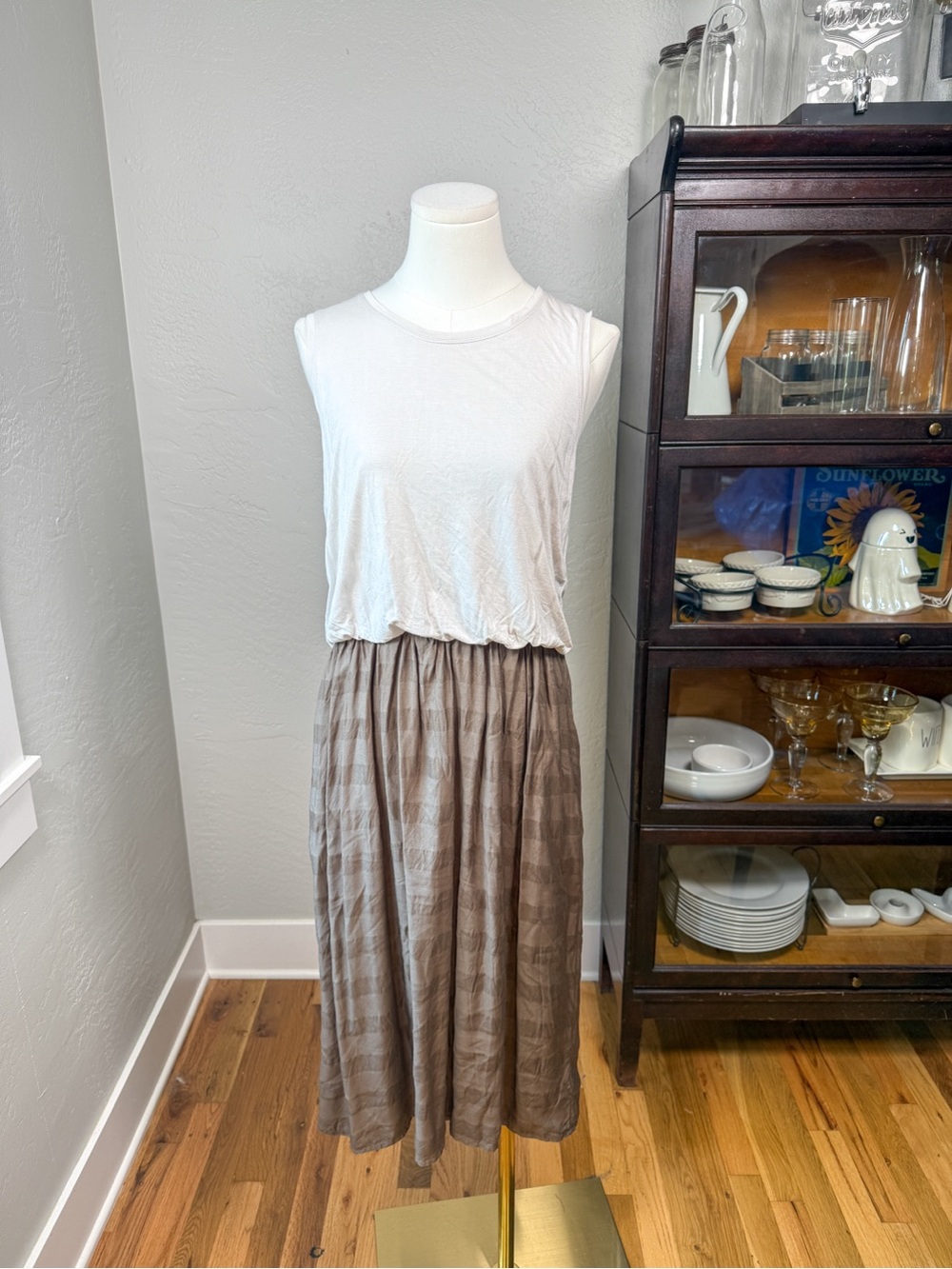 prAna Perry Sleeveless Modal Colorblock Plaid Midi Dress Brown Cream Size M